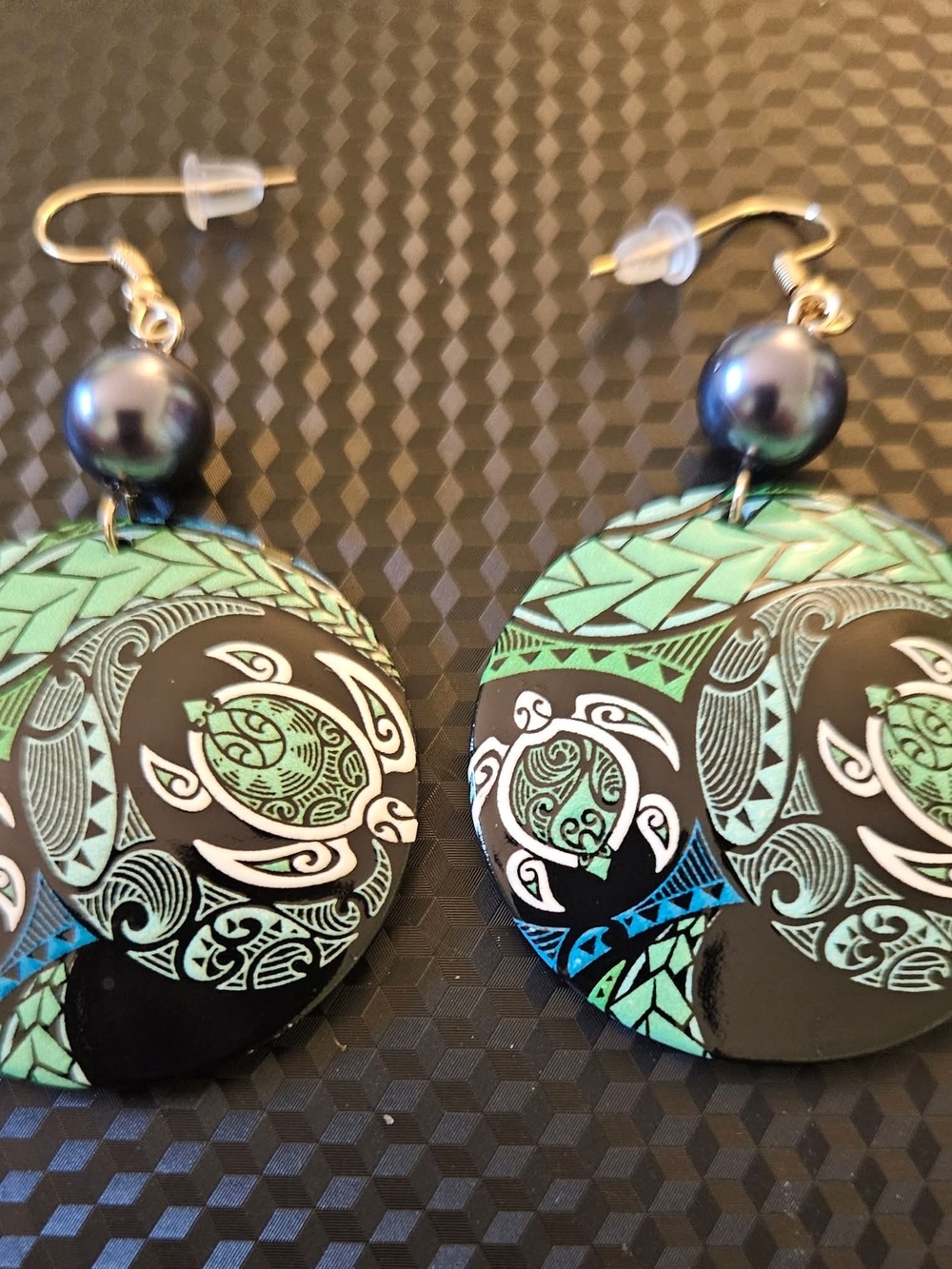 Hand-Painted Green & Black Turtle Drop Earrings - Women Jewelry